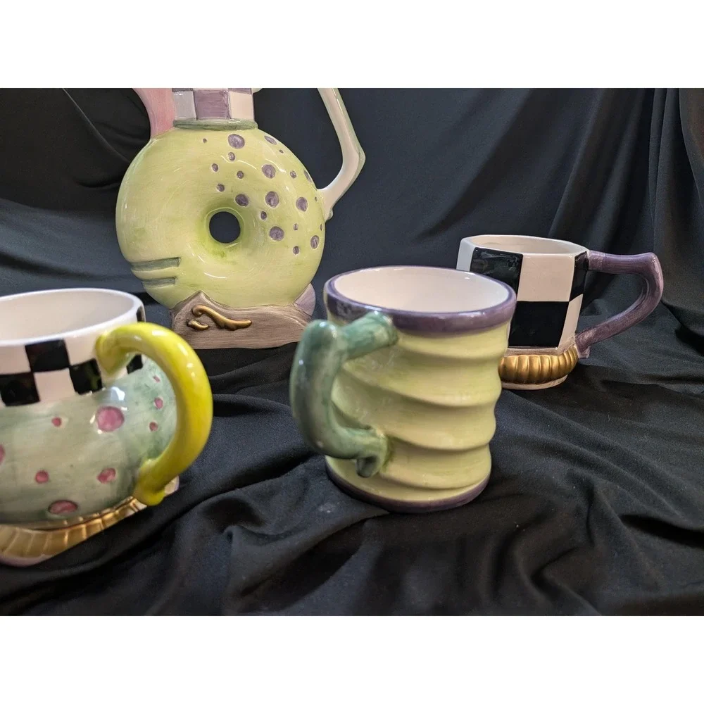 Vintage 1998 CBK Ltd Ceramic Whimsical Tea Set 5 Piece Postmodern Memphis Style
